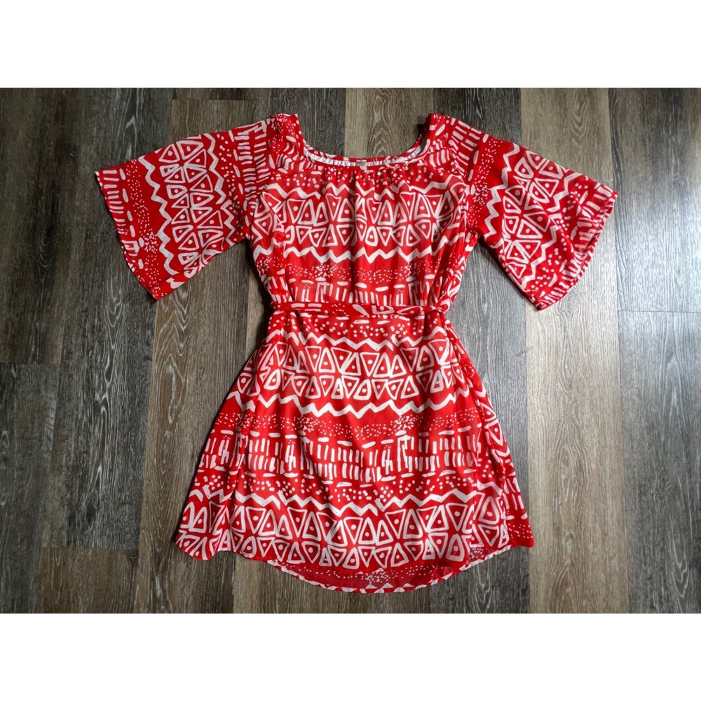 Yahada Mini Dress Womens M Red White Geometric Tribal Flutter Sleeve Tie Waist